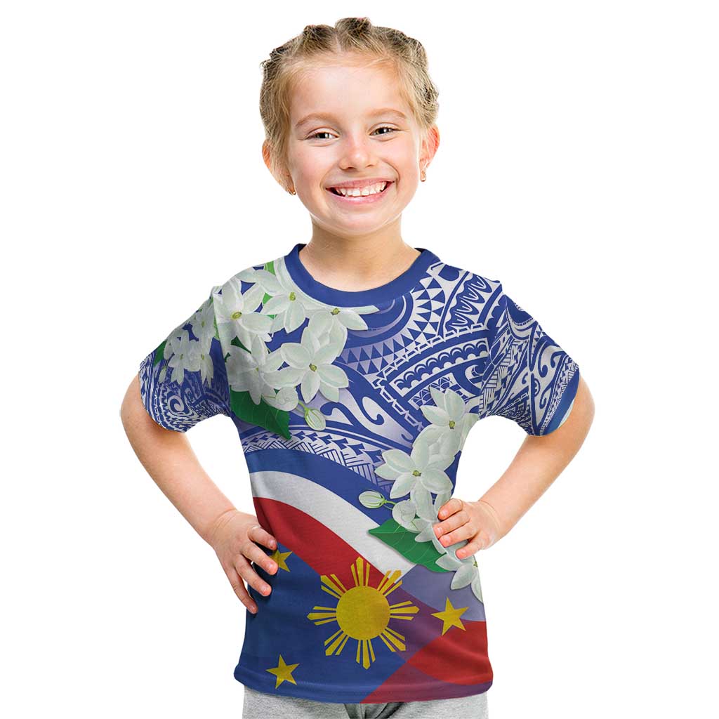Philippines Flag Kid T Shirt Sampaguita Jasmine with Polynesian Tribal LT9 Blue - Polynesian Pride