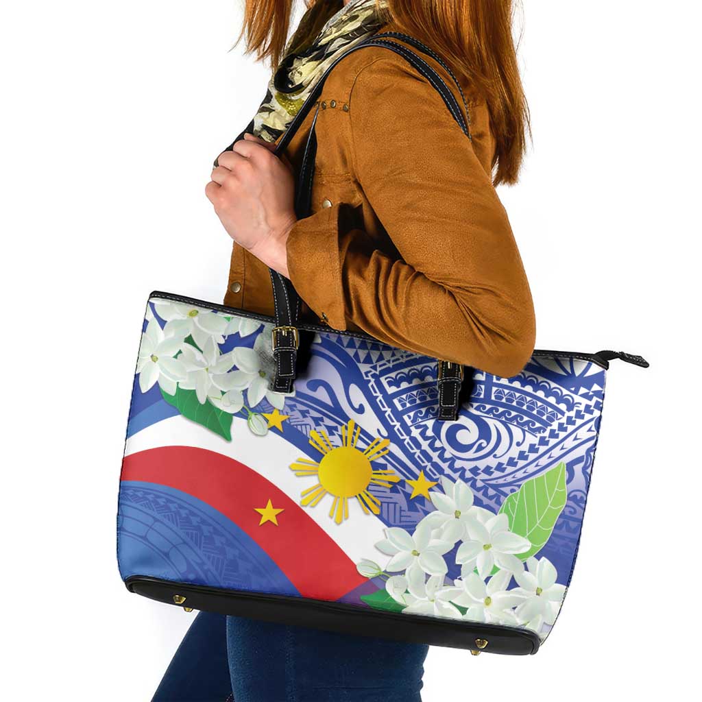 Philippines Flag Leather Tote Bag Sampaguita Jasmine with Polynesian Tribal LT9 Blue - Polynesian Pride