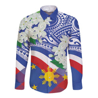 Philippines Flag Long Sleeve Button Shirt Sampaguita Jasmine with Polynesian Tribal