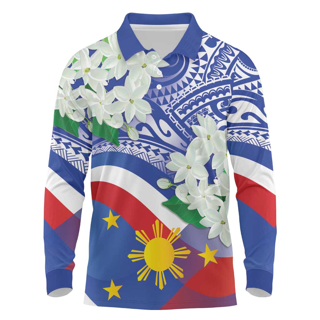 Philippines Flag Long Sleeve Polo Shirt Sampaguita Jasmine with Polynesian Tribal LT9 Blue - Polynesian Pride
