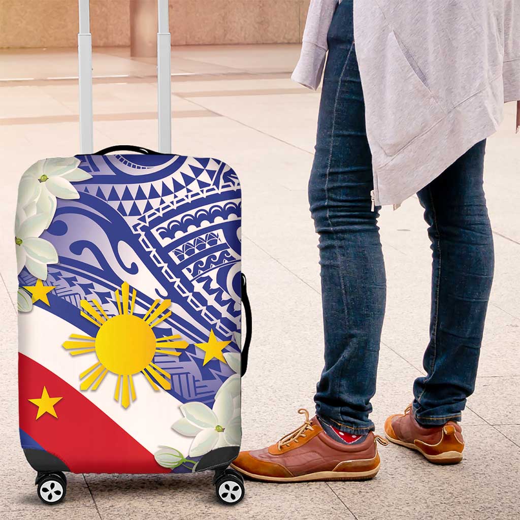 Philippines Flag Luggage Cover Sampaguita Jasmine with Polynesian Tribal LT9 Blue - Polynesian Pride