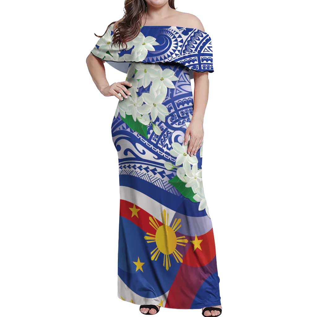 Philippines Flag Off Shoulder Maxi Dress Sampaguita Jasmine with Polyn