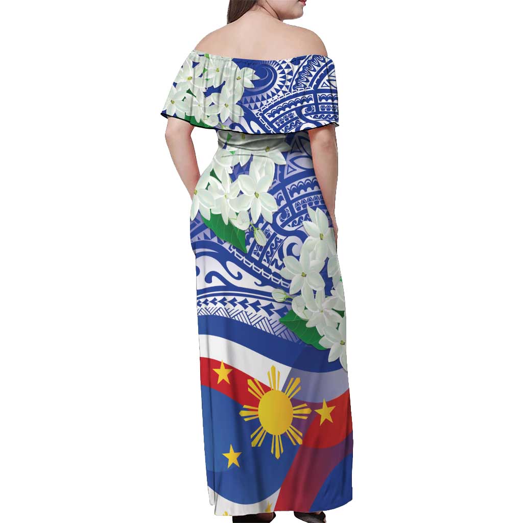 Philippines Flag Off Shoulder Maxi Dress Sampaguita Jasmine with Polynesian Tribal