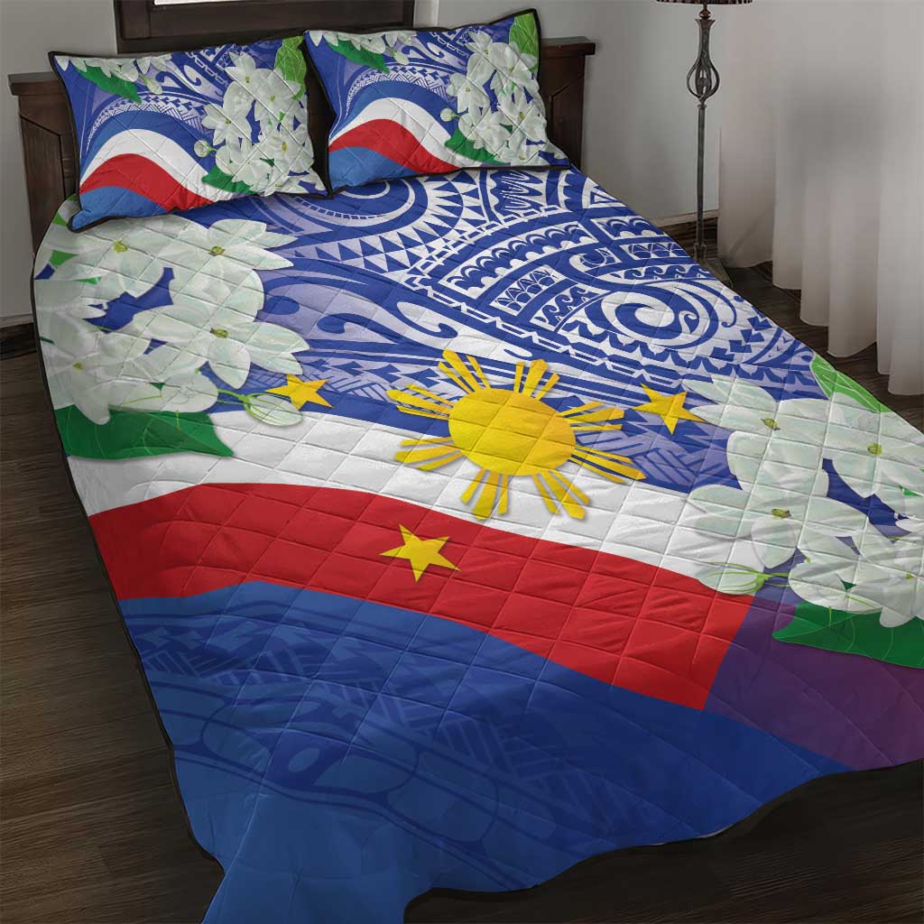 Philippines Flag Quilt Bed Set Sampaguita Jasmine with Polynesian Tribal LT9 Blue - Polynesian Pride