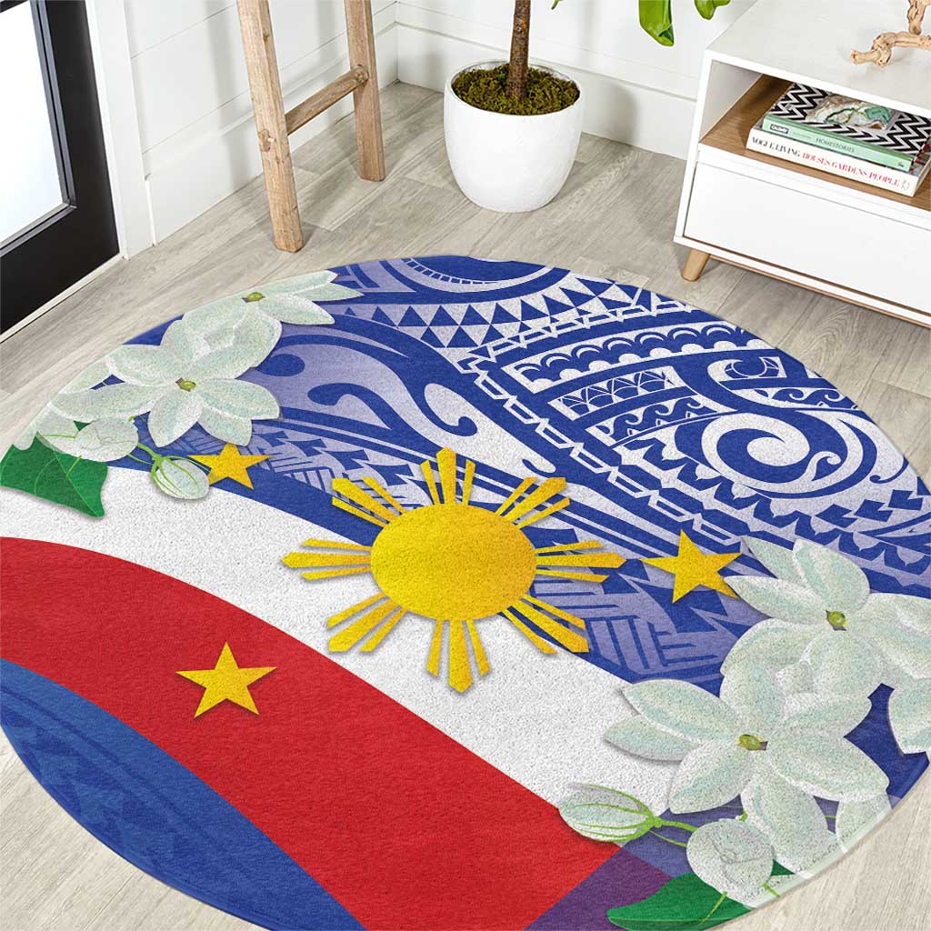 Philippines Flag Round Carpet Sampaguita Jasmine with Polynesian Tribal LT9 Blue - Polynesian Pride