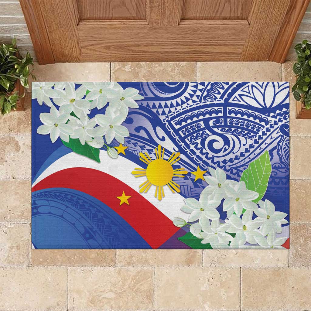 Philippines Flag Rubber Doormat Sampaguita Jasmine with Polynesian Tribal LT9 Blue - Polynesian Pride