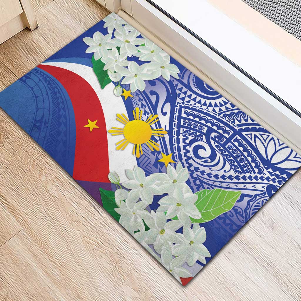Philippines Flag Rubber Doormat Sampaguita Jasmine with Polynesian Tribal