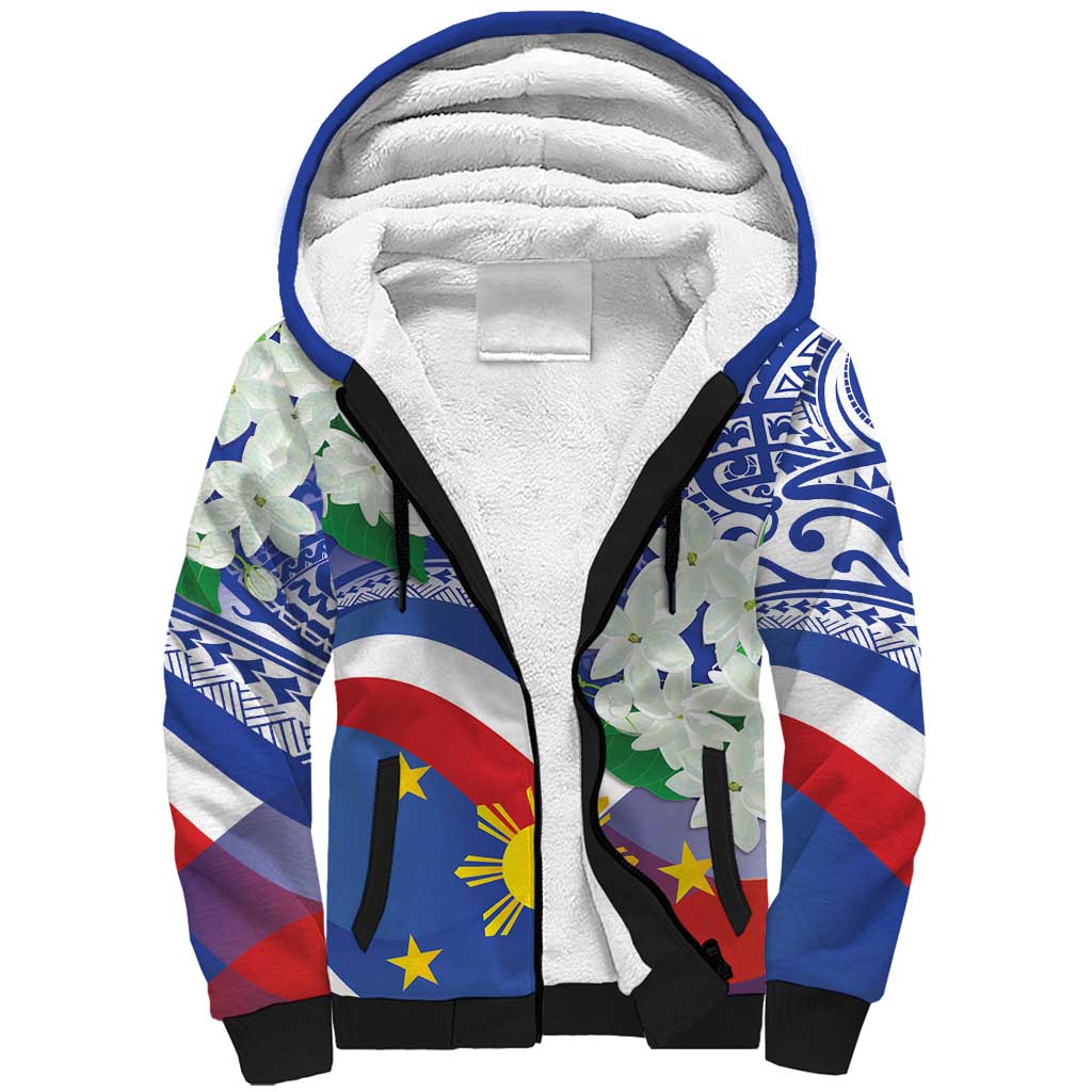 Philippines Flag Sherpa Hoodie Sampaguita Jasmine with Polynesian Tribal LT9 Unisex Blue - Polynesian Pride