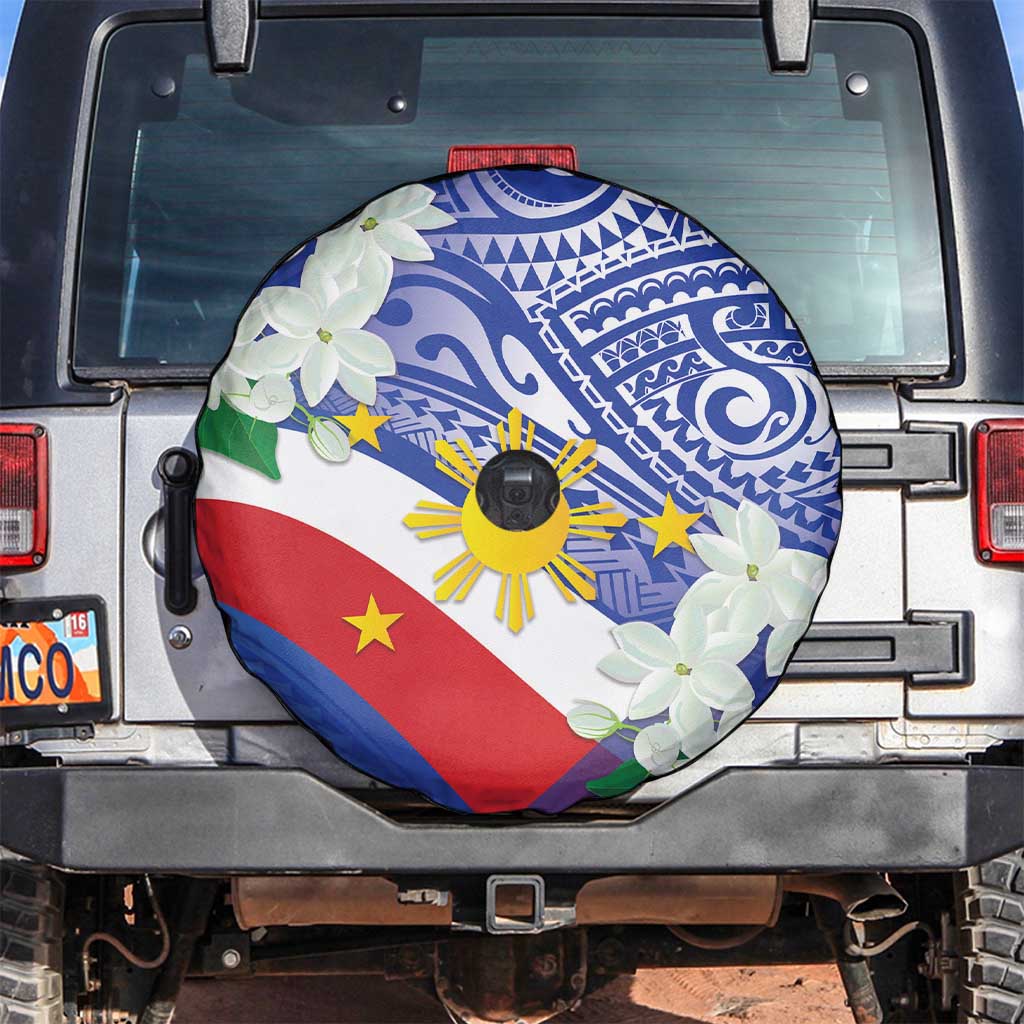 Philippines Flag Spare Tire Cover Sampaguita Jasmine with Polynesian Tribal LT9 Blue - Polynesian Pride