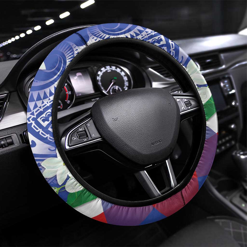 Philippines Flag Steering Wheel Cover Sampaguita Jasmine with Polynesian Tribal LT9 Universal Fit Blue - Polynesian Pride