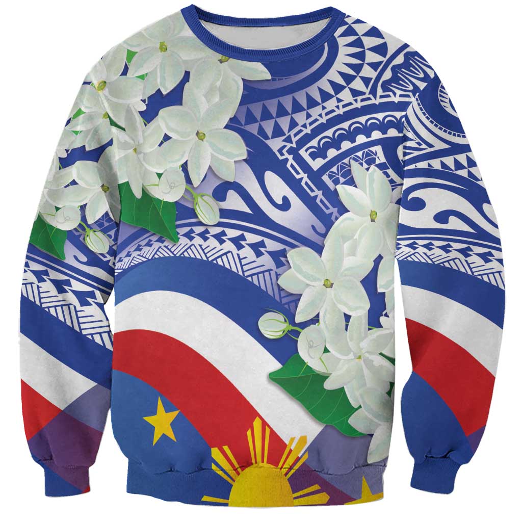Philippines Flag Sweatshirt Sampaguita Jasmine with Polynesian Tribal LT9 Unisex Blue - Polynesian Pride