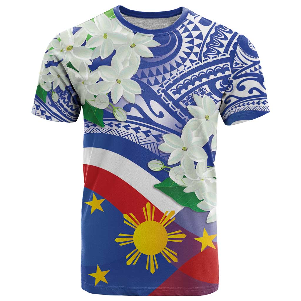 Philippines Flag T Shirt Sampaguita Jasmine with Polynesian Tribal