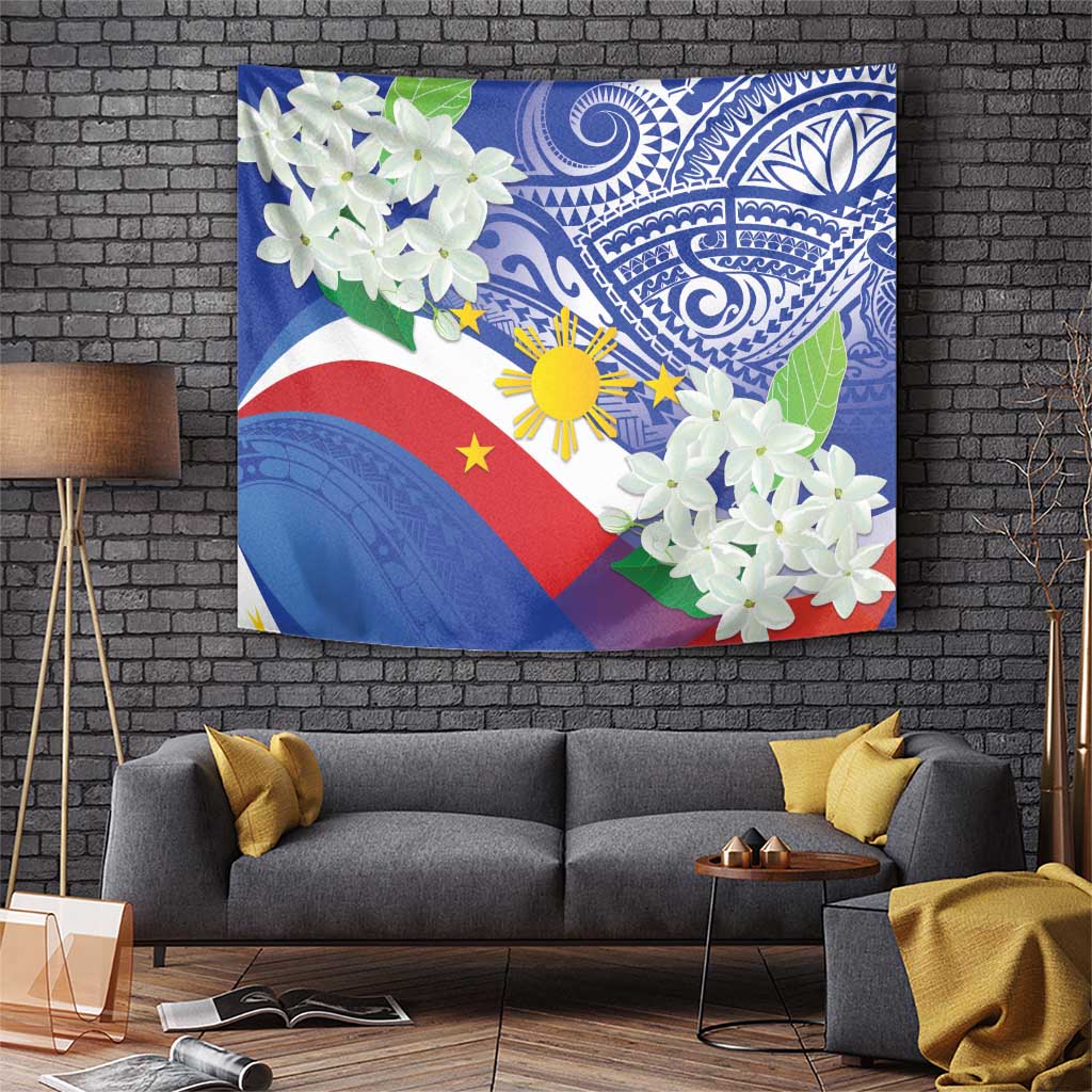 Philippines Flag Tapestry Sampaguita Jasmine with Polynesian Tribal LT9 Blue - Polynesian Pride