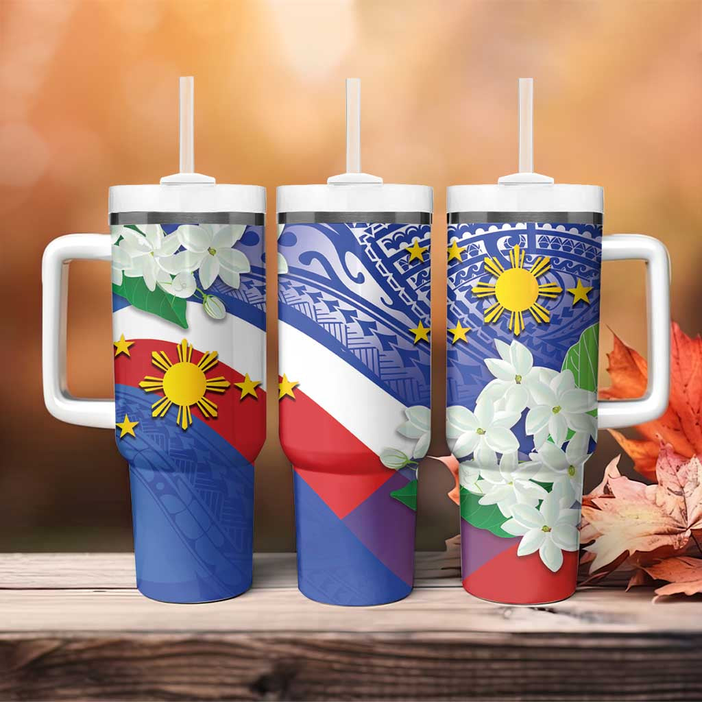 Philippines Flag Tumbler With Handle Sampaguita Jasmine with Polynesian Tribal LT9