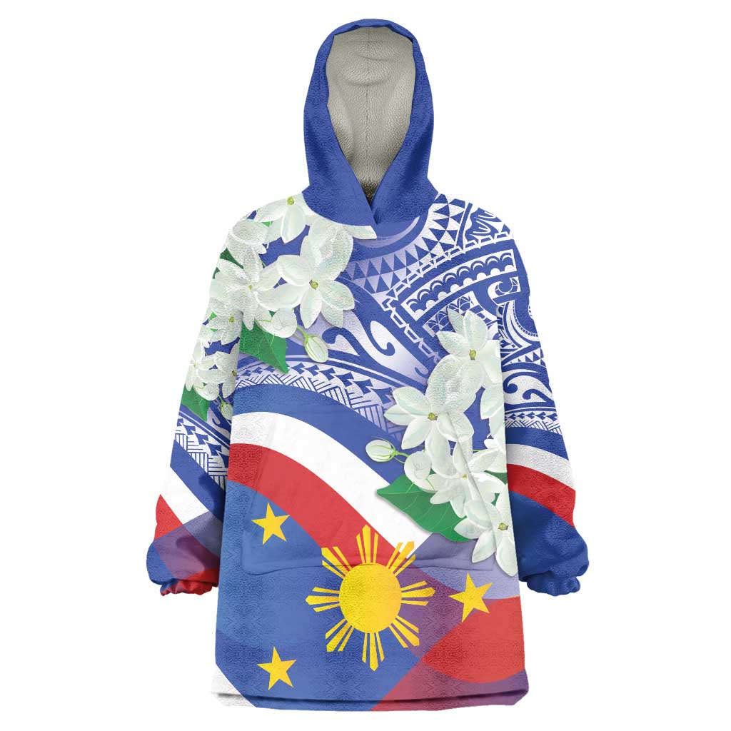 Philippines Flag Wearable Blanket Hoodie Sampaguita Jasmine with Polynesian Tribal LT9 One Size Blue - Polynesian Pride