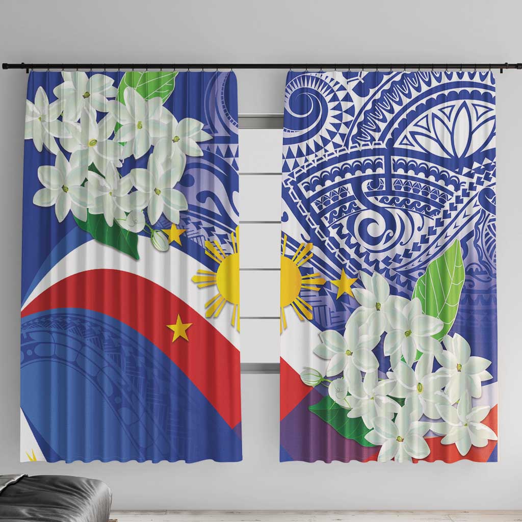 Philippines Flag Window Curtain Sampaguita Jasmine with Polynesian Tribal LT9 With Hooks Blue - Polynesian Pride