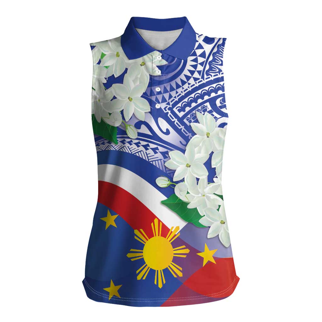Philippines Flag Women Sleeveless Polo Shirt Sampaguita Jasmine with Polynesian Tribal LT9 Female Blue - Polynesian Pride