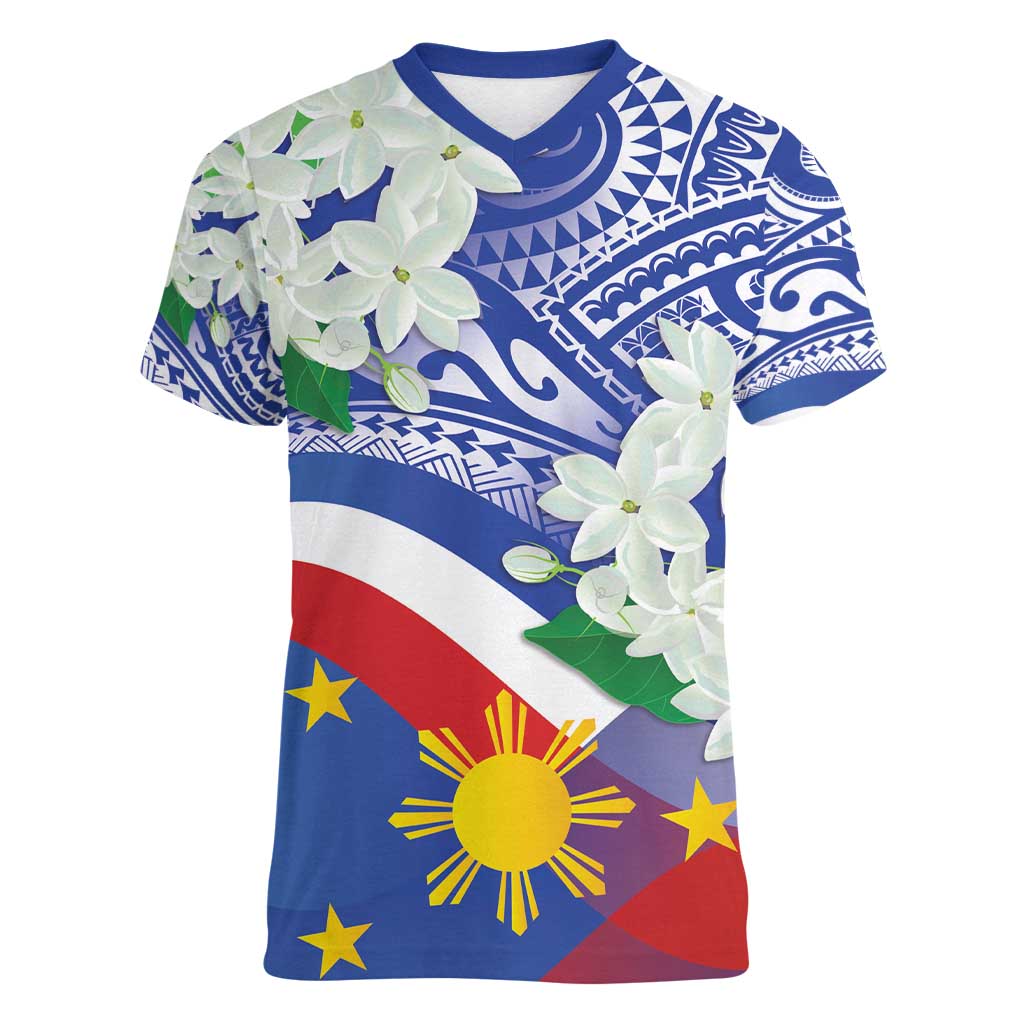 Philippines Flag Women V-Neck T-Shirt Sampaguita Jasmine with Polynesian Tribal