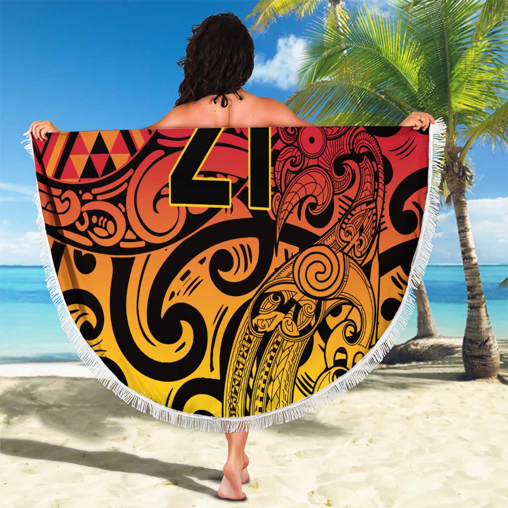 New Zealand Rangatira Custom Beach Blanket Red and Gold Niho Taniwha Maori Tribal