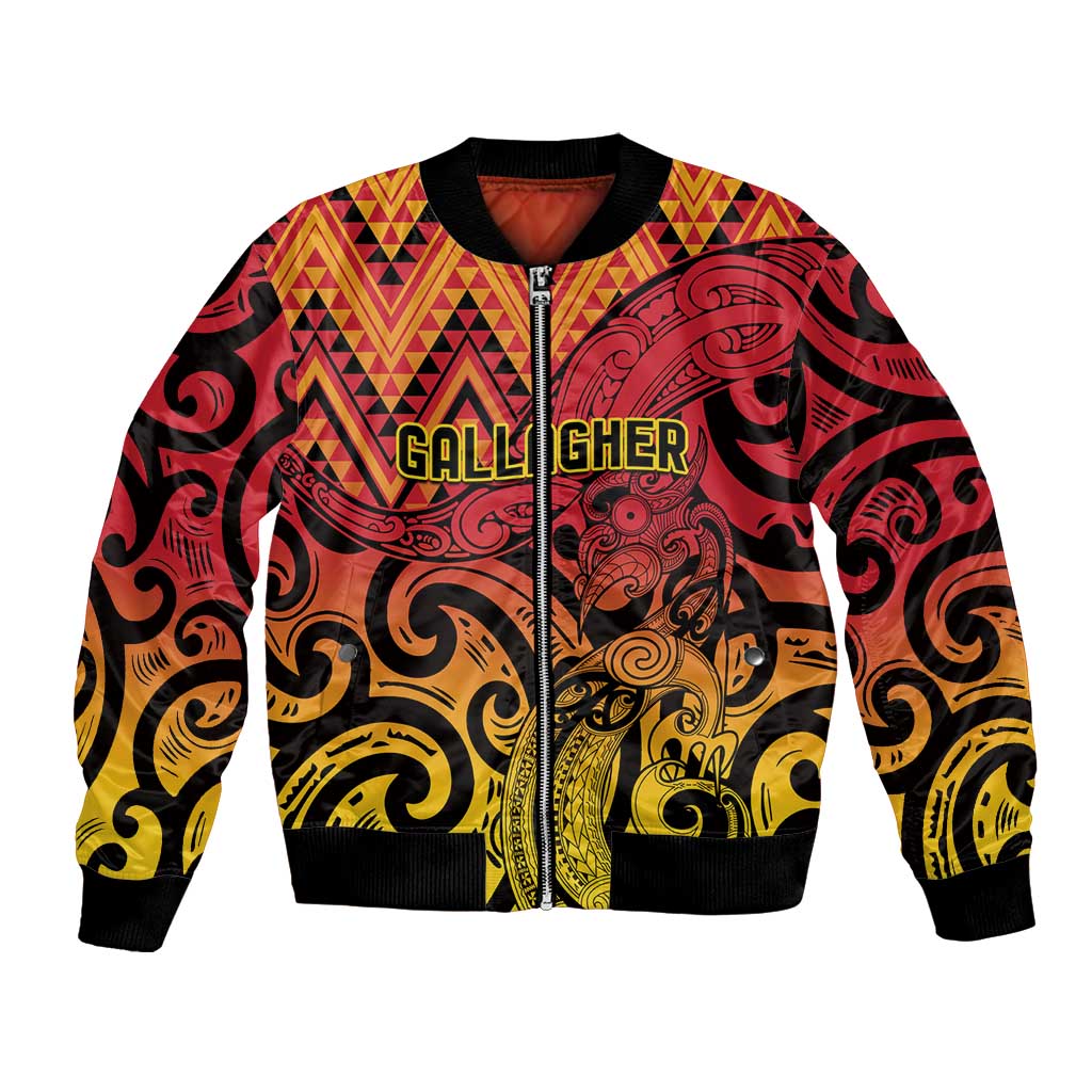 New Zealand Rangatira Custom Bomber Jacket Red and Gold Niho Taniwha Maori Tribal