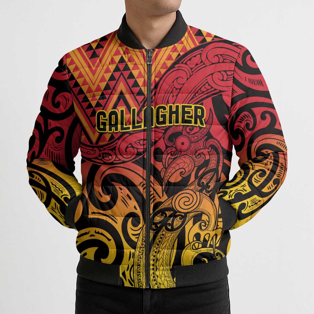 New Zealand Rangatira Custom Bomber Puffer Jacket Red and Gold Niho Taniwha Maori Tribal - Polynesian Pride