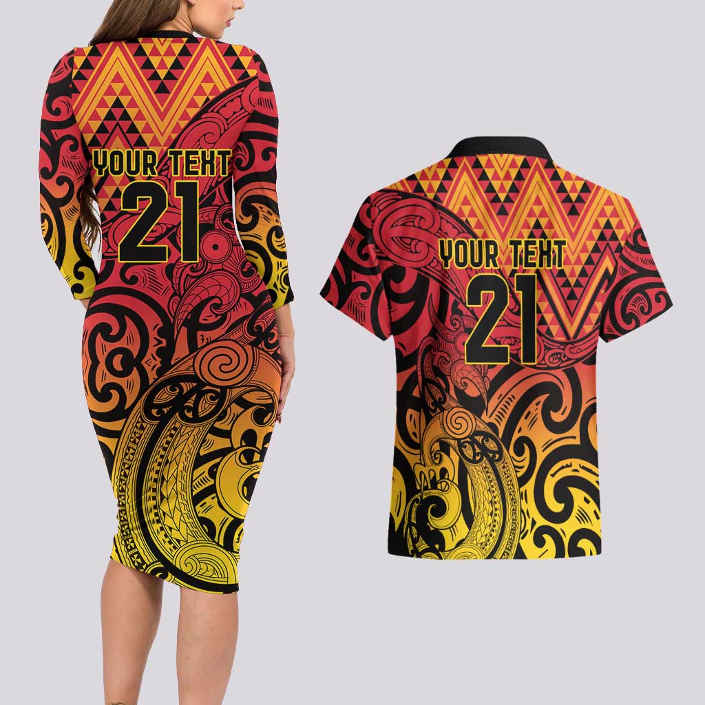 New Zealand Rangatira Custom Couples Matching Long Sleeve Bodycon Dress and Hawaiian Shirt Red and Gold Niho Taniwha Maori Tribal