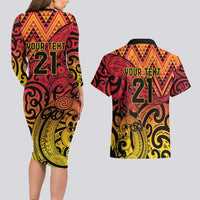 New Zealand Rangatira Custom Couples Matching Long Sleeve Bodycon Dress and Hawaiian Shirt Red and Gold Niho Taniwha Maori Tribal