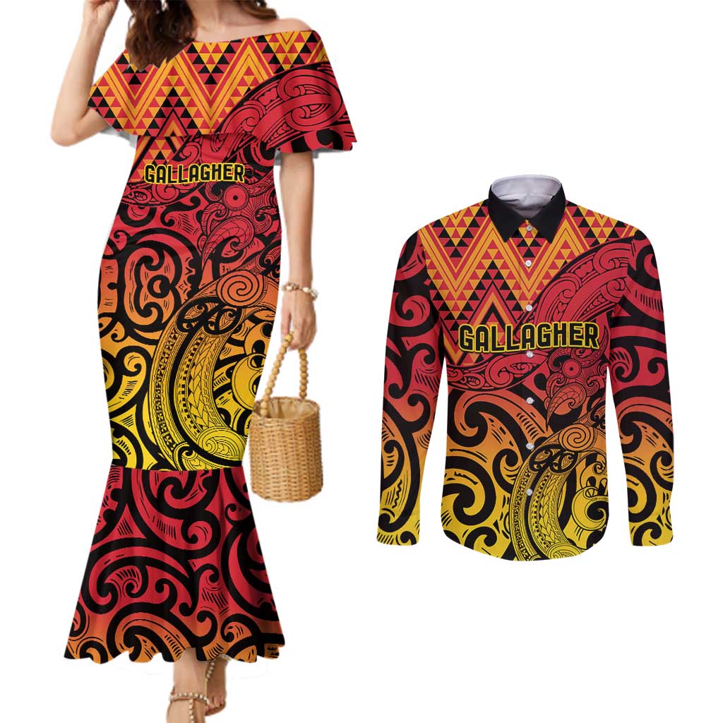 New Zealand Rangatira Custom Couples Matching Mermaid Dress and Long Sleeve Button Shirt Red and Gold Niho Taniwha Maori Tribal