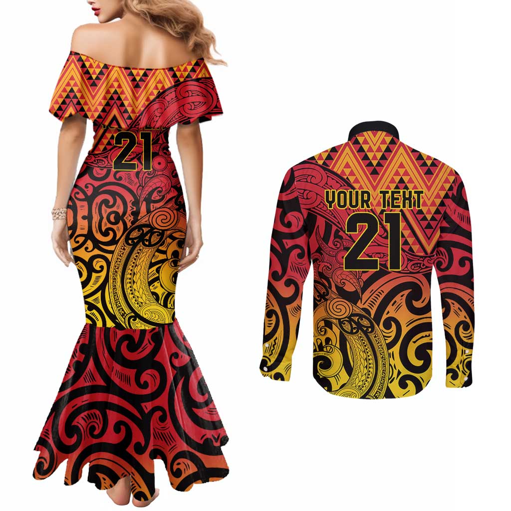 New Zealand Rangatira Custom Couples Matching Mermaid Dress and Long Sleeve Button Shirt Red and Gold Niho Taniwha Maori Tribal