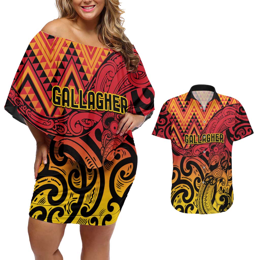 New Zealand Rangatira Custom Couples Matching Off Shoulder Short Dress and Hawaiian Shirt Red and Gold Niho Taniwha Maori Tribal