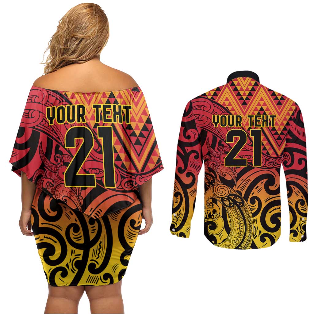 New Zealand Rangatira Custom Couples Matching Off Shoulder Short Dress and Long Sleeve Button Shirt Red and Gold Niho Taniwha Maori Tribal