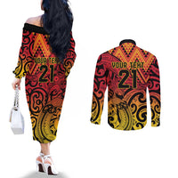 New Zealand Rangatira Custom Couples Matching Off The Shoulder Long Sleeve Dress and Long Sleeve Button Shirt Red and Gold Niho Taniwha Maori Tribal