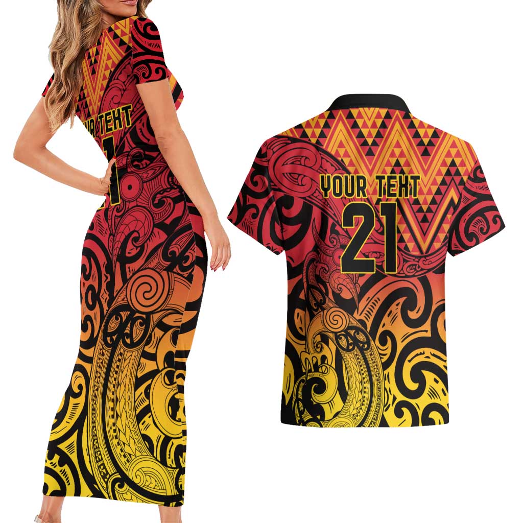 New Zealand Rangatira Custom Couples Matching Short Sleeve Bodycon Dress and Hawaiian Shirt Red and Gold Niho Taniwha Maori Tribal