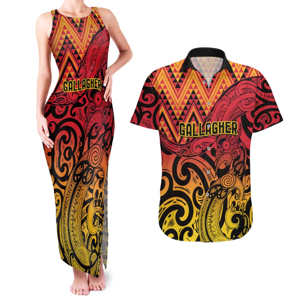 New Zealand Rangatira Custom Couples Matching Tank Maxi Dress and Hawaiian Shirt Red and Gold Niho Taniwha Maori Tribal