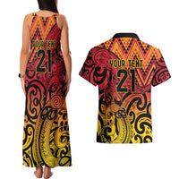 New Zealand Rangatira Custom Couples Matching Tank Maxi Dress and Hawaiian Shirt Red and Gold Niho Taniwha Maori Tribal