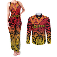 New Zealand Rangatira Custom Couples Matching Tank Maxi Dress and Long Sleeve Button Shirt Red and Gold Niho Taniwha Maori Tribal