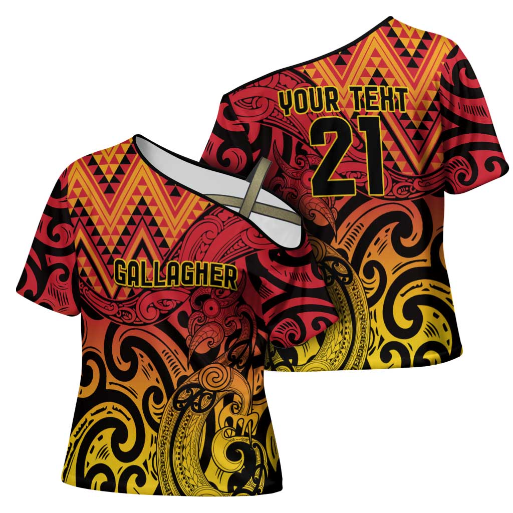 New Zealand Rangatira Custom Cross Shoulder Shirt Red and Gold Niho Taniwha Maori Tribal - Polynesian Pride