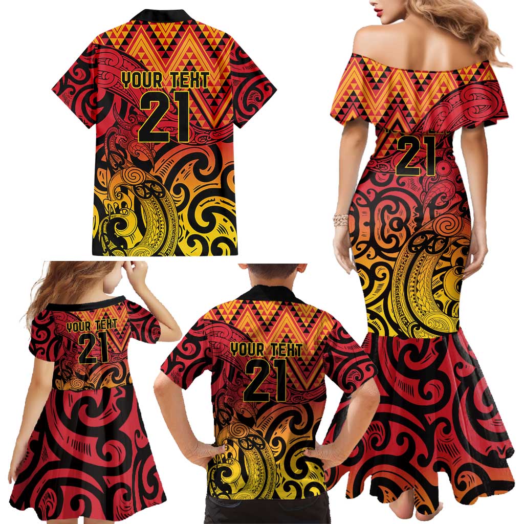 New Zealand Rangatira Custom Family Matching Mermaid Dress and Hawaiian Shirt Red and Gold Niho Taniwha Maori Tribal