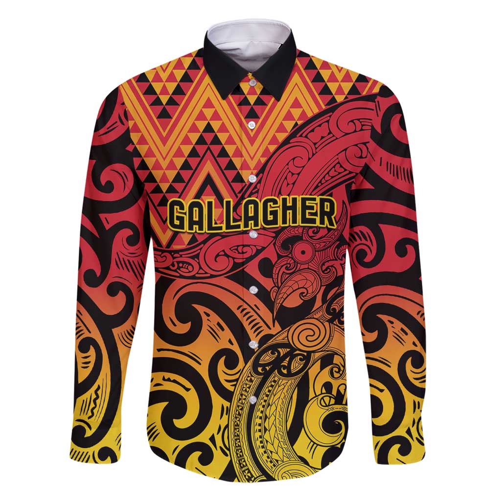 New Zealand Rangatira Custom Family Matching Off Shoulder Maxi Dress and Hawaiian Shirt Red and Gold Niho Taniwha Maori Tribal