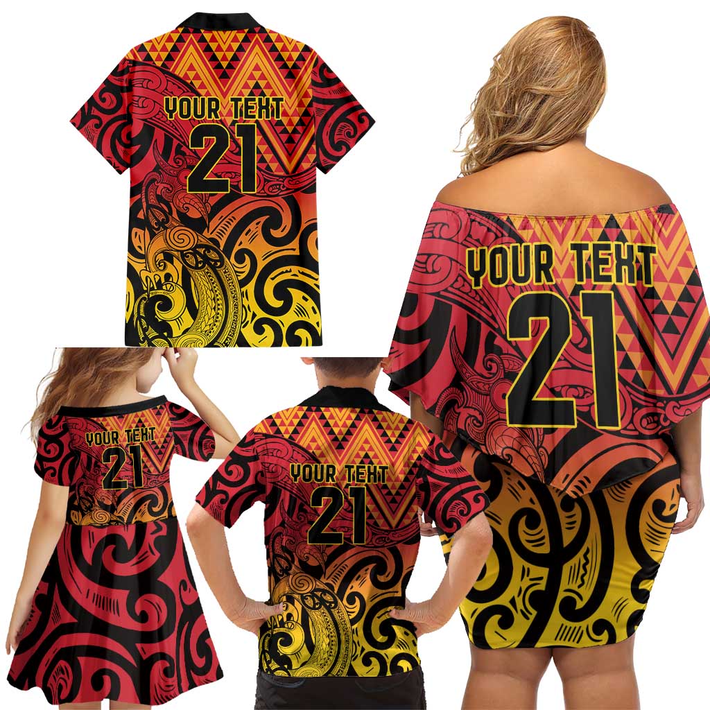 New Zealand Rangatira Custom Family Matching Off Shoulder Short Dress and Hawaiian Shirt Red and Gold Niho Taniwha Maori Tribal