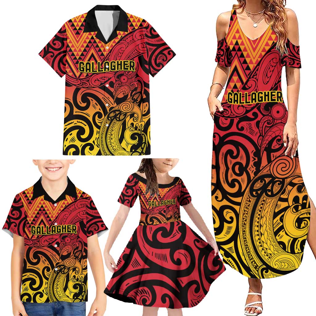 New Zealand Rangatira Custom Family Matching Summer Maxi Dress and Hawaiian Shirt Red and Gold Niho Taniwha Maori Tribal