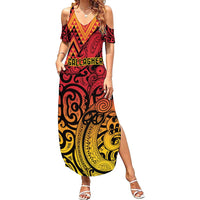New Zealand Rangatira Custom Family Matching Summer Maxi Dress and Hawaiian Shirt Red and Gold Niho Taniwha Maori Tribal