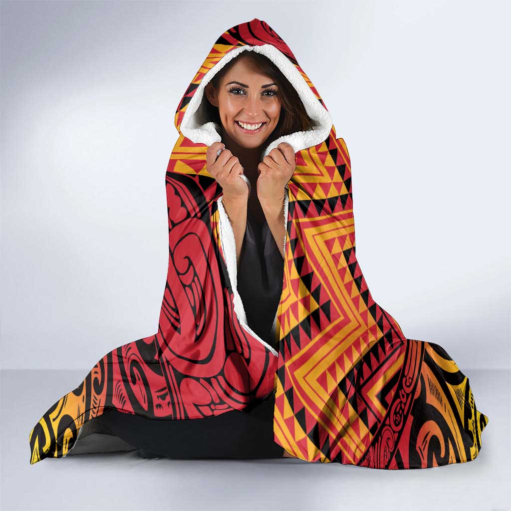 New Zealand Rangatira Custom Hooded Blanket Red and Gold Niho Taniwha Maori Tribal
