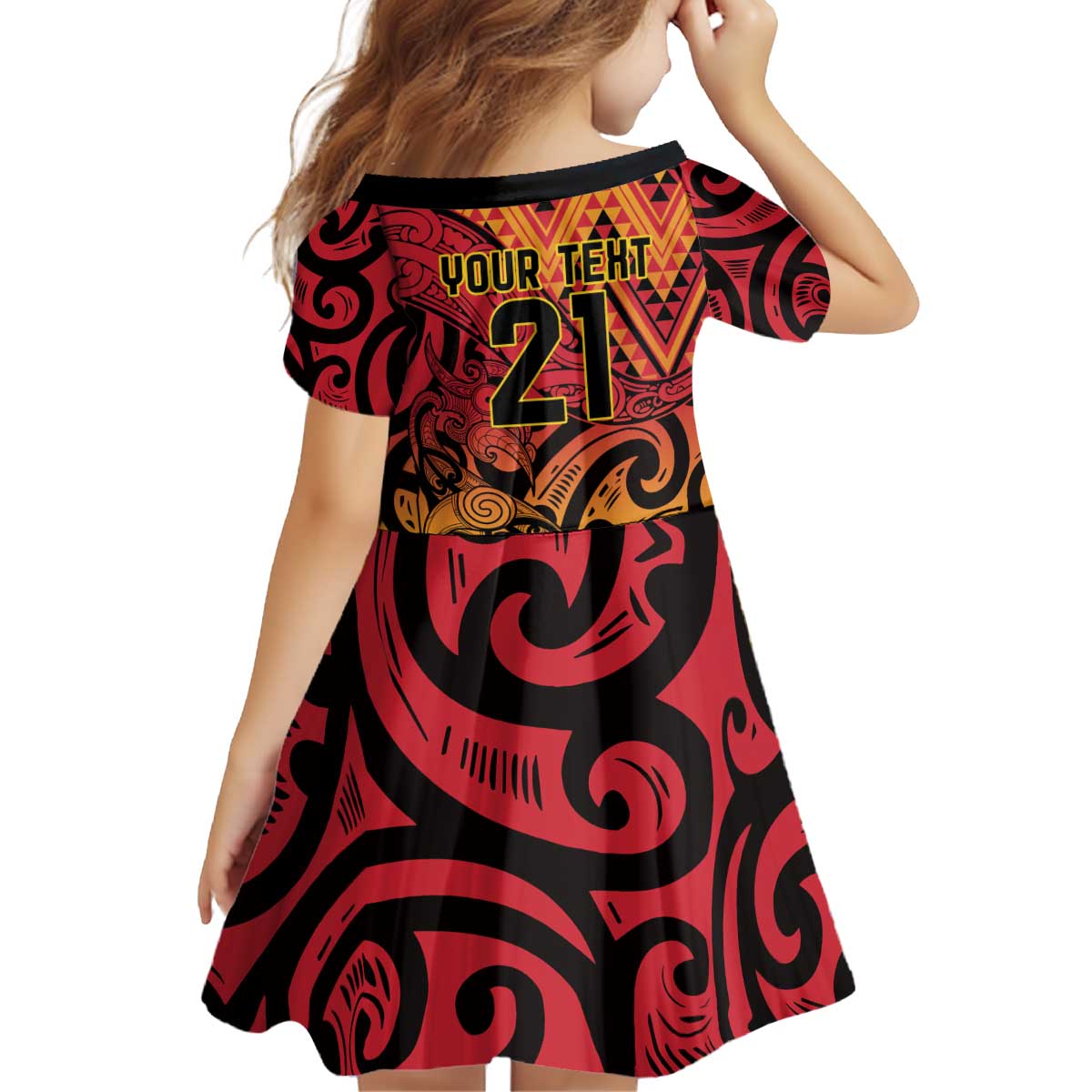New Zealand Rangatira Custom Kid Short Sleeve Dress Red and Gold Niho Taniwha Maori Tribal