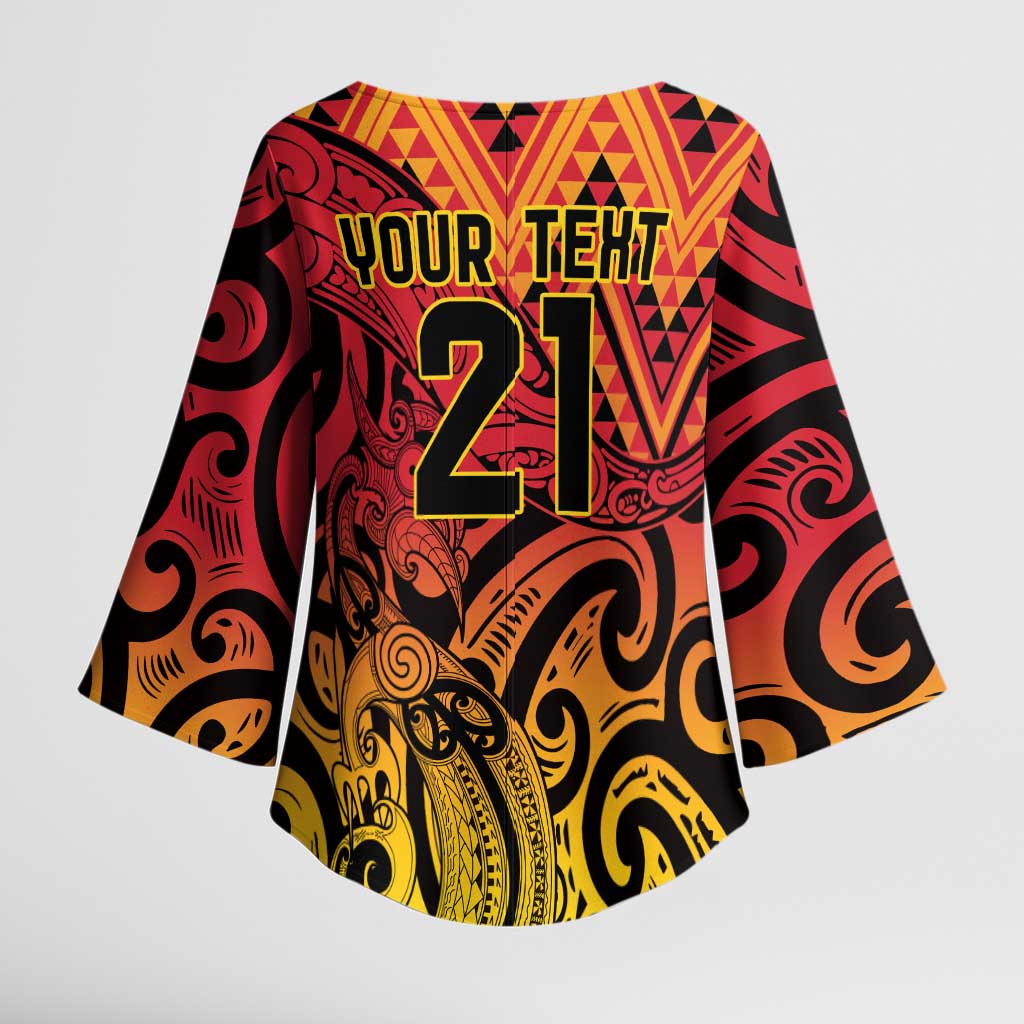 New Zealand Rangatira Custom Kimono Sleeve Blouse Red and Gold Niho Taniwha Maori Tribal - Polynesian Pride