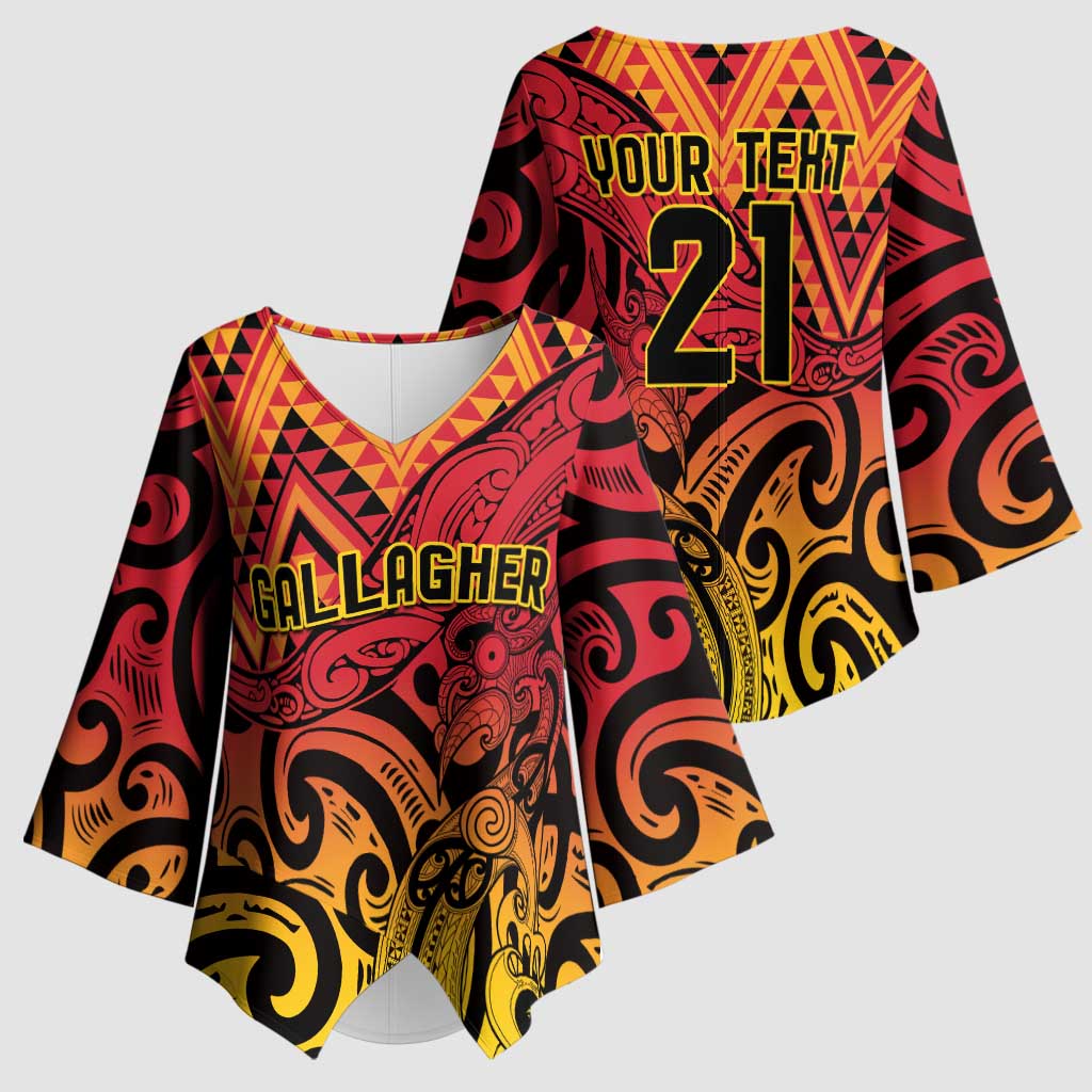 New Zealand Rangatira Custom Kimono Sleeve Blouse Red and Gold Niho Taniwha Maori Tribal - Polynesian Pride