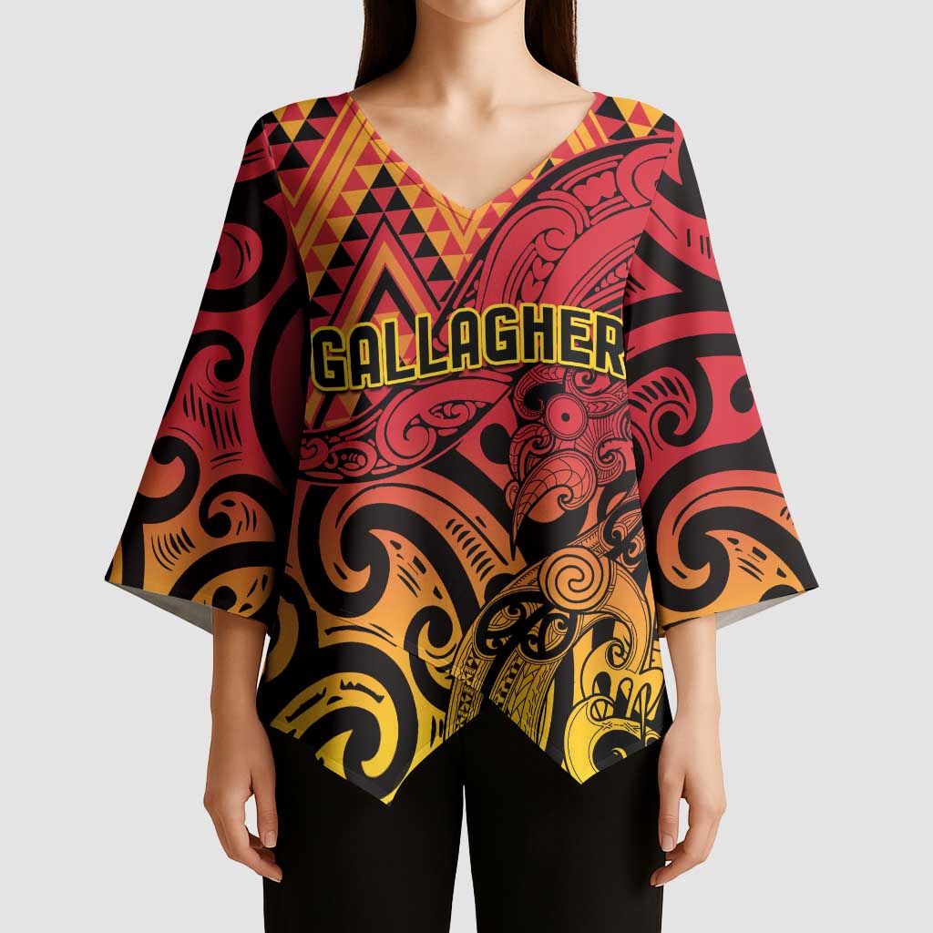 New Zealand Rangatira Custom Kimono Sleeve Blouse Red and Gold Niho Taniwha Maori Tribal - Polynesian Pride