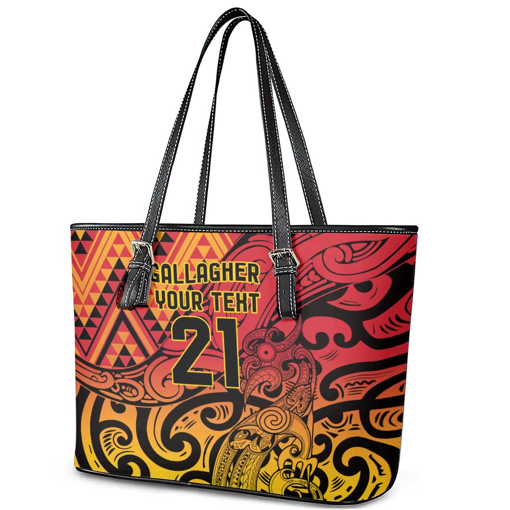 New Zealand Rangatira Custom Leather Tote Bag Red and Gold Niho Taniwha Maori Tribal