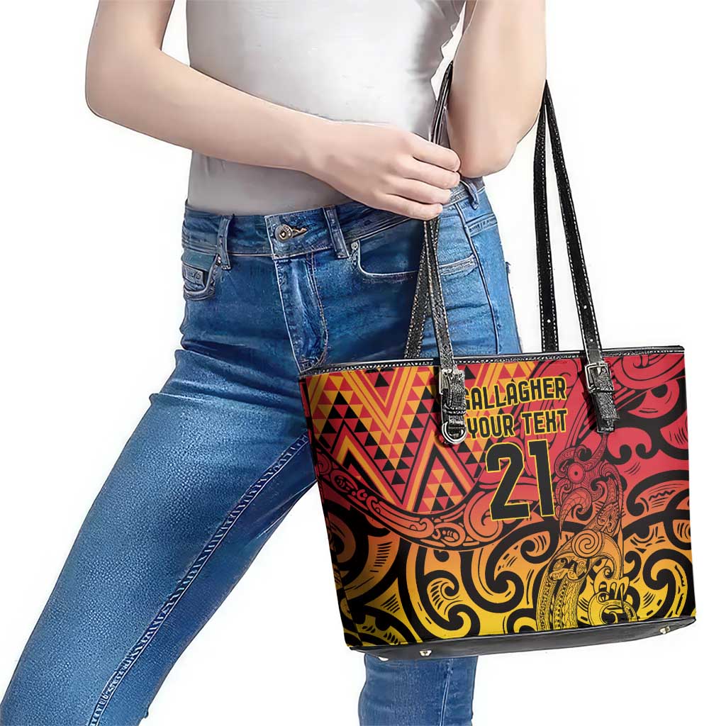 New Zealand Rangatira Custom Leather Tote Bag Red and Gold Niho Taniwha Maori Tribal