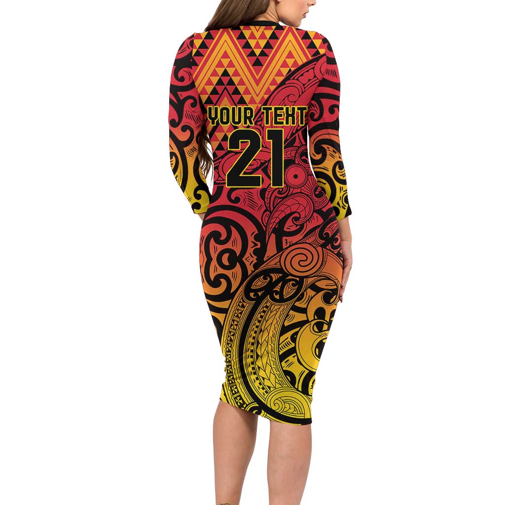 New Zealand Rangatira Custom Long Sleeve Bodycon Dress Red and Gold Niho Taniwha Maori Tribal